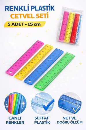 Renkli Plastik Cetvel Seti 15 cm – 5 Adet | Şeffaf, Dayanıklı ve Net Ölçüm | Okul, Ofis ve Kırtasiye Kullanımı