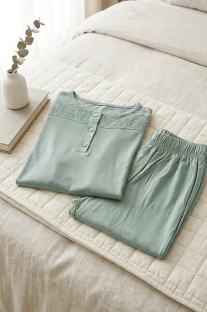 Kadın Dantelli Bambu Viskon Uzun Kollu Mevsimlik Soft Örme Pijama Takımı