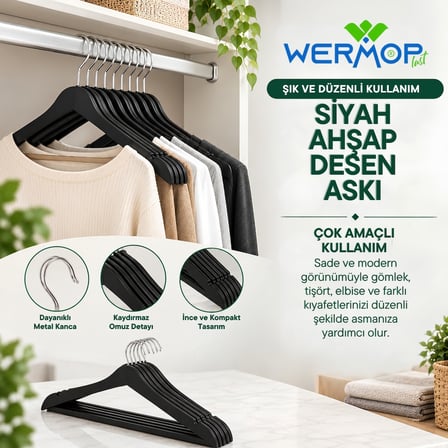 5'Lİ AHŞAP DESENLİ ASKI SİYAH
