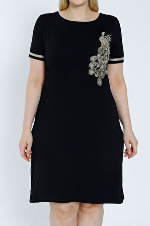 Kadın Siyah Büyük Beden Kısa Kollu Nakış Detaylı Elbise