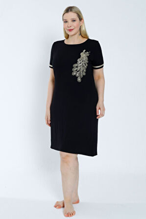 Kadın Siyah Büyük Beden Kısa Kollu Nakış Detaylı Elbise
