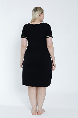 Kadın Siyah Büyük Beden Kısa Kollu Nakış Detaylı Elbise