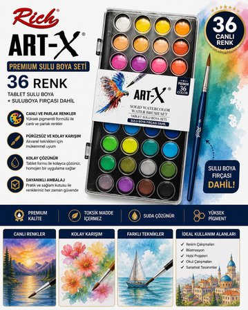 Art-X Premium Sulu Boya Seti, 36 Renk, Tablet Form, Suluboya Kalemi Dahil