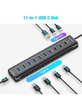11 Port Güçlendirilmiş USB C Hub 2X10 Gbps USB C 1X10 Gbps USB A Pd 20W 7x USB 3.0 5gbps Hub