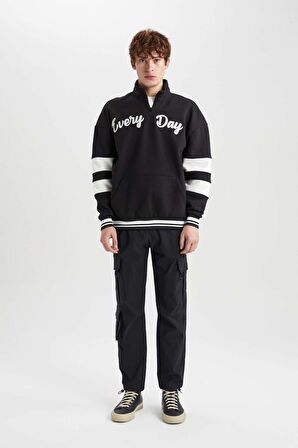 DeFacto Oversize Fit Dik Yaka Fermuarlı Baskılı Sweatshirt B1650AX23AUBK81