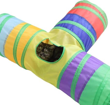 Renkli Kedi ve Köpek Oyun Tüneli – Katlanabilir T Model – 3 Girişli Tasarım – Dayanıklı Plastik – Eğlenceli Evcil Hayvan Oyuncağı – 60x80x30 cm