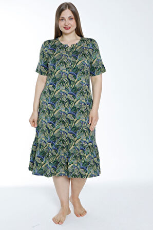 Kadın Büyük Beden Düğmeli Cepli Pamuklu Kısa Kollu Elbise