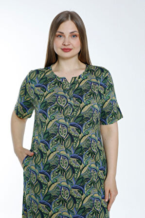 Kadın Büyük Beden Düğmeli Cepli Pamuklu Kısa Kollu Elbise