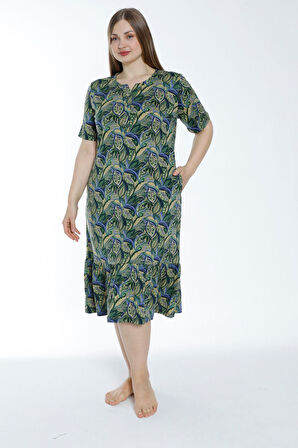 Kadın Büyük Beden Düğmeli Cepli Pamuklu Kısa Kollu Elbise