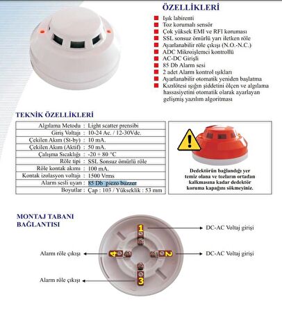 Electrosec SD-3239 Optik (Sigara) Duman Dedektörü +85Dsb Sirenli + Dedektör Tabanı Dahil