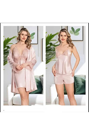 Kadın Ekru Saten Gecelik Sabahlık Pijama Takım Şort Takım 6'lı Set J.ER.3.R.O.Z6.0.E.L.T.