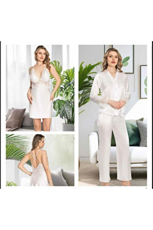Kadın Ekru Saten Gecelik Sabahlık Pijama Takım Şort Takım 6'lı Set J.ER.3.R.O.Z6.0.E.L.T.