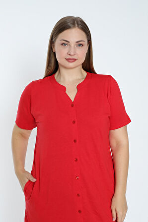 Kadın Büyük Beden Boydan Düğmeli Kısa Kollu Fırfırlı Pamuklu Elbise