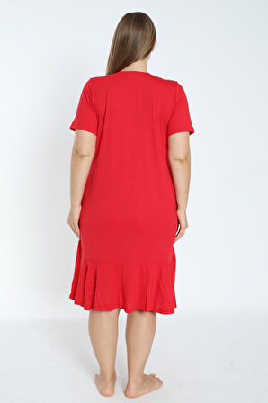 Kadın Büyük Beden Boydan Düğmeli Kısa Kollu Fırfırlı Pamuklu Elbise