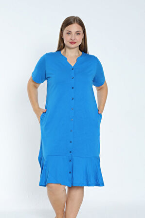 Kadın Büyük Beden Boydan Düğmeli Kısa Kollu Fırfırlı Pamuklu Elbise