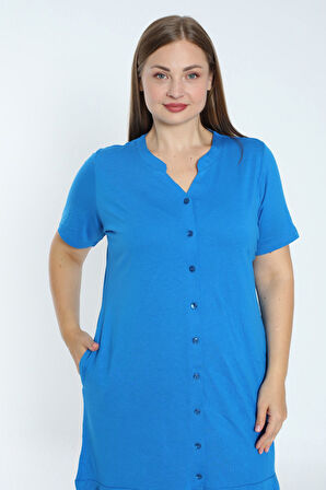 Kadın Büyük Beden Boydan Düğmeli Kısa Kollu Fırfırlı Pamuklu Elbise