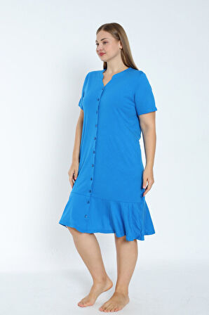 Kadın Büyük Beden Boydan Düğmeli Kısa Kollu Fırfırlı Pamuklu Elbise