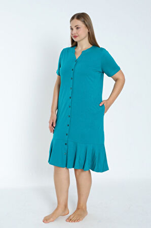 Kadın Büyük Beden Boydan Düğmeli Kısa Kollu Fırfırlı Pamuklu Elbise