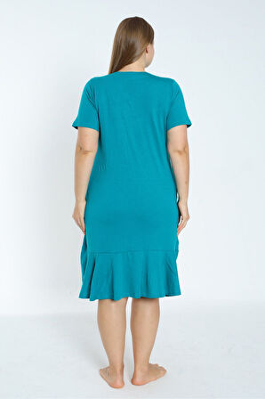 Kadın Büyük Beden Boydan Düğmeli Kısa Kollu Fırfırlı Pamuklu Elbise