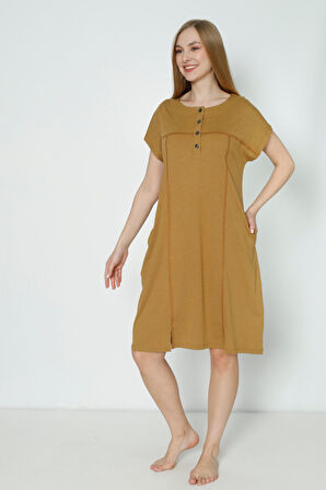 Kadın Düğmeli Kısa Kollu Yırtmaç Detaylı Düğmeli Pamuklu Elbise