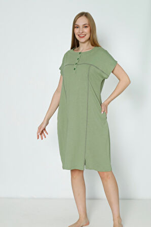 Kadın Düğmeli Kısa Kollu Yırtmaç Detaylı Düğmeli Pamuklu Elbise