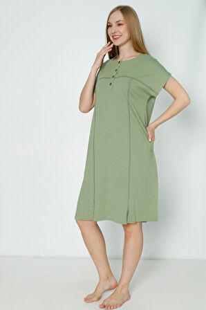 Kadın Düğmeli Kısa Kollu Yırtmaç Detaylı Düğmeli Pamuklu Elbise