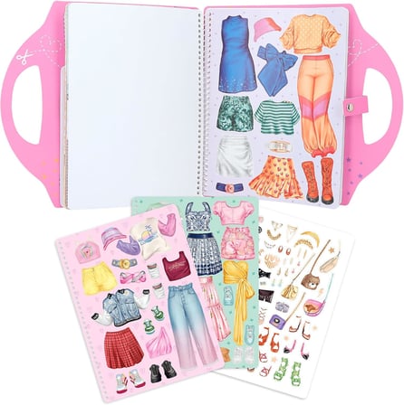 Zestaw Dress Me Up Collage Book Top Model, w kształcie torebki, z naklejkami i kolorowymi papierami.