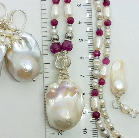 2427 Doğal İnci Yakut Gümüş el yapımı kolye