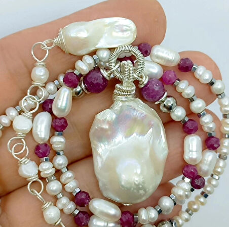 2427 Doğal İnci Yakut Gümüş el yapımı kolye