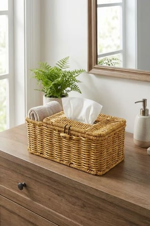 Bölmeli Kapaklı Doğal Rattan Görünümlü Hasır Organizer Sepet, Peçetelik, Makyaj ve Takı Düzenleyici, Plastik, 24x10x10 cm