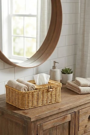 Bölmeli Kapaklı Doğal Rattan Görünümlü Hasır Organizer Sepet, Peçetelik, Makyaj ve Takı Düzenleyici, Plastik, 24x10x10 cm