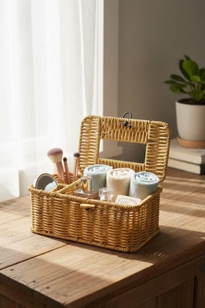 Bölmeli Kapaklı Doğal Rattan Görünümlü Hasır Organizer Sepet, Peçetelik, Makyaj ve Takı Düzenleyici, Plastik, 24x10x10 cm
