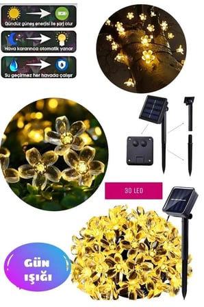 6 Metre 30 Led Çiçek Solar Lamba Güneş Enerjili Sarı Işık Zincir Bahçe Aydınlatma Parti Süs Lambası