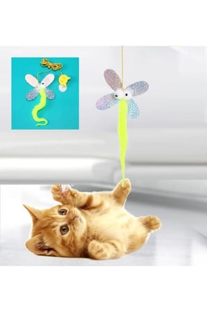 2 Metre Elastik Uzayabilir Yapışkanlı Kedi Oyun Oltası İpli Kelebek Peluş Olta Oyuncağı