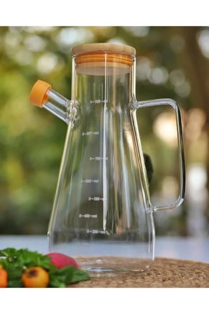 900 ml Bambu Kapaklı Cam Yağdanlık Borosilikat Sızdırmaz Yağlık Sirkelik Yağ Şişesi Sosluk