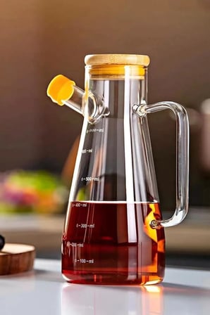 900 ml Bambu Kapaklı Cam Yağdanlık Borosilikat Sızdırmaz Yağlık Sirkelik Yağ Şişesi Sosluk