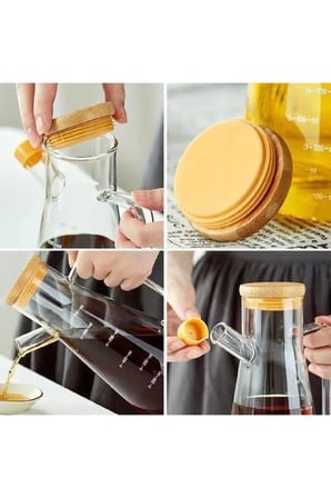 900 ml Bambu Kapaklı Cam Yağdanlık Borosilikat Sızdırmaz Yağlık Sirkelik Yağ Şişesi Sosluk
