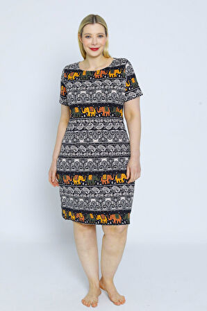 Desenli Kadın Büyük Beden Kısa Kollu Pamuklu Elbise