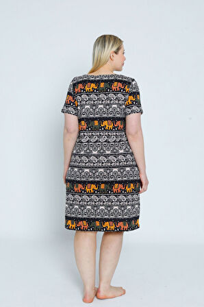 Desenli Kadın Büyük Beden Kısa Kollu Pamuklu Elbise