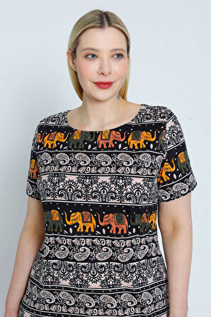 Desenli Kadın Büyük Beden Kısa Kollu Pamuklu Elbise