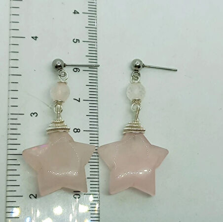 2428 Yıldız pembe Kuvars el yapımı çelik aparatlı küpe