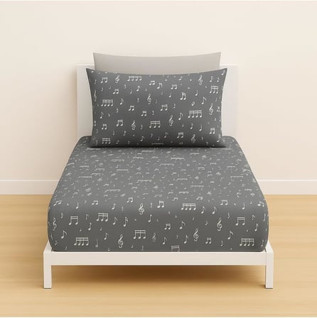 Tek Kişilik Nota Desen Lastikli Çarşaf ve Yastık Kılıfı Seti, 120 x 200 cm, Antrasit