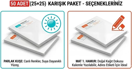 2 li paket Parlak Kuşe ve Mat 1.Hamur Etiket Toplam 50 adet 25 Adet Parlak Kuşe 25 Adet Mat 1.Hamur Etiket
