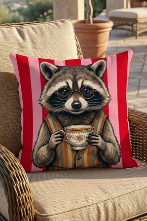 Kahve İçen Gözlüklü Rakun Desenli Dekoratif Kırlent Kılıfı 43x43 cm Çift Taraflı Kırmızı Pembe Çizgili