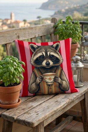 Kahve İçen Gözlüklü Rakun Desenli Dekoratif Kırlent Kılıfı 43x43 cm Çift Taraflı Kırmızı Pembe Çizgili