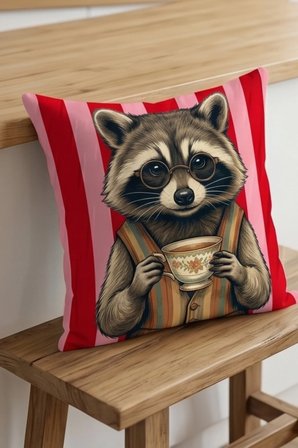 Kahve İçen Gözlüklü Rakun Desenli Dekoratif Kırlent Kılıfı 43x43 cm Çift Taraflı Kırmızı Pembe Çizgili
