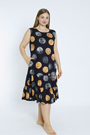 Siyah Para Desenli Askılı Cepli Pamuklu Elbise