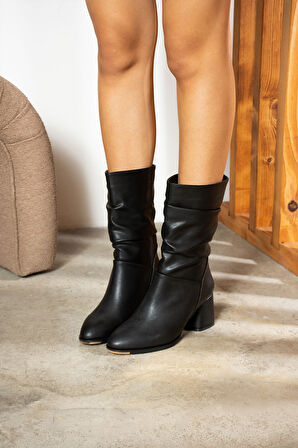 Günlük Kadın Dizaltı Çizme Körüklü Kalın Yüksek Topuklu Fermuarsız Tay Tüylü Astar Bot Bootie 2430