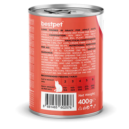 BestPet Parça Etli Kuzu Etli Yetişkin Kedi Konservesi 24 Adet 400 Gr 