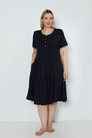 Kadın Lacivert Desenli Düğmeli Cepli Biyeli Büyük Beden Kısa Kollu Pamuklu Elbise